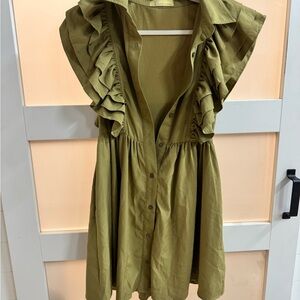 Olive Green Ruffle Button-Front Dress